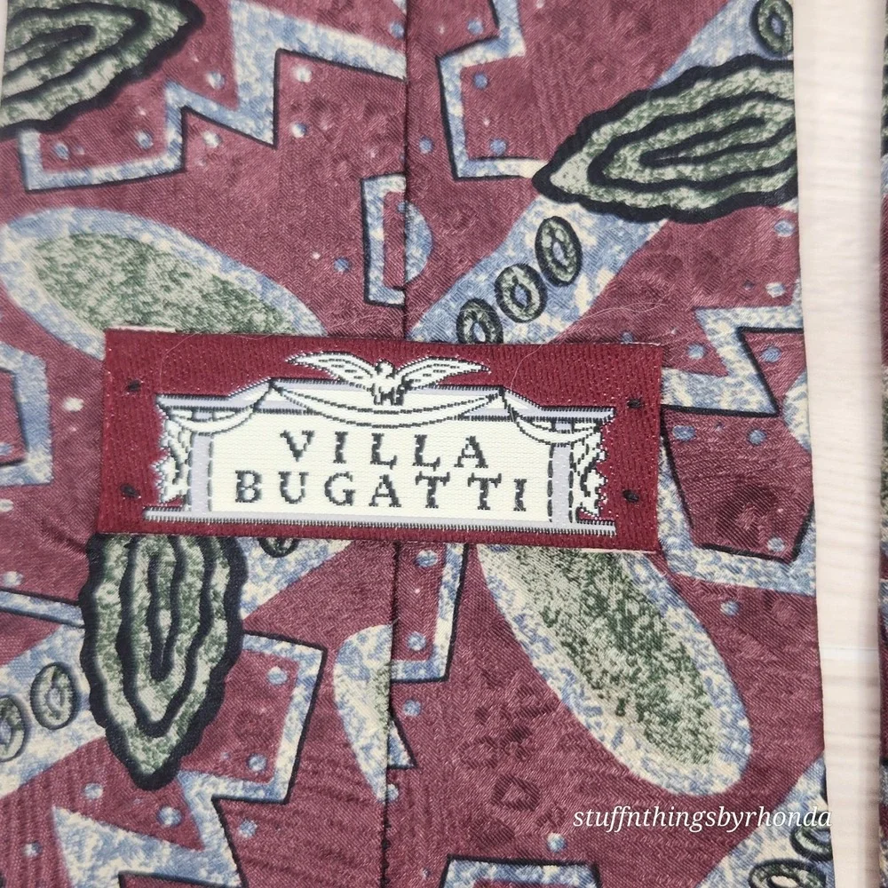 Villa Bugatti Abstract Red Burgundy, Gray, Black & Green 100% Italian Silk Tie